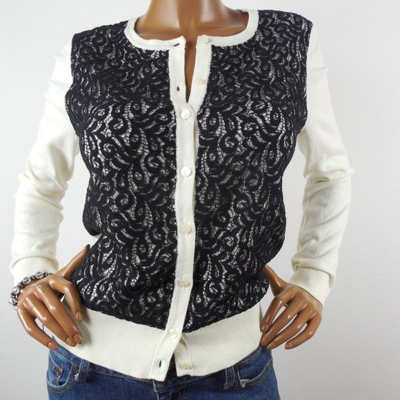 ANN TAYLOR Top M Knit Cardigan Button Down Front Ivory Black Embroidery Lace - Picture 5 of 12